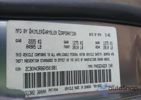 2006 Chrysler 300 z USA, uszkodzony, nr VIN 2C3KA43R86H501881